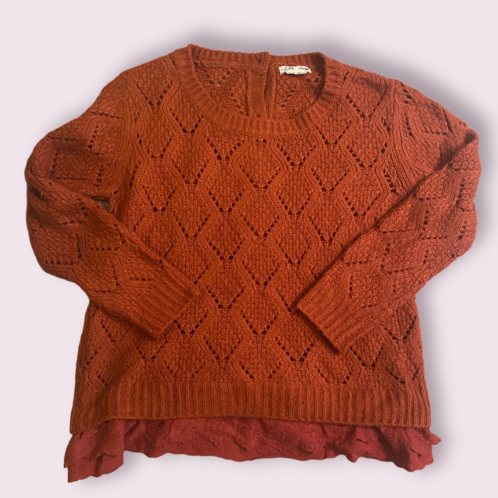 Anthro Lili’s Closet burnt orange sweater with button back and lace hem